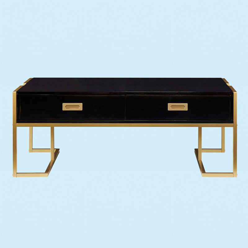 Table basse moderne moderne noire avec 4 tiroirs et base dorée de 47,3 po, Noir