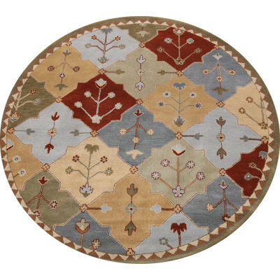 Tapis rond rond en laine touffeté à la main ivoire / rouge / vert