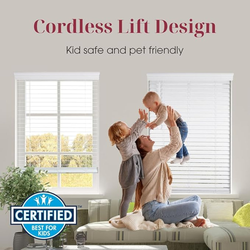 White Cordless Faux Wood Indoor Horizontal Blinds with Crown Valance