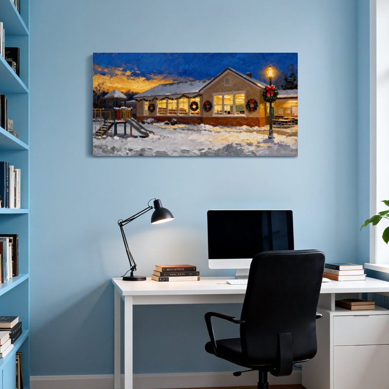 «Christmas Winter Schoolhouse Christmas Scene», reproduction sur toile, H 16 po x l 32 po