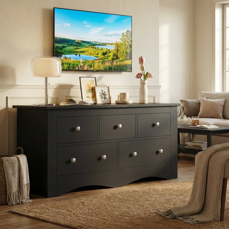 5 Drawer Double Dresser, Modern Wood Chest Of Drawer For Living Room Bedroom, Black