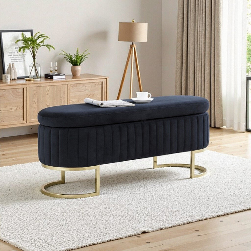 Banc de rangement rembourré 50 po avec repose-pieds de chambre, Noir