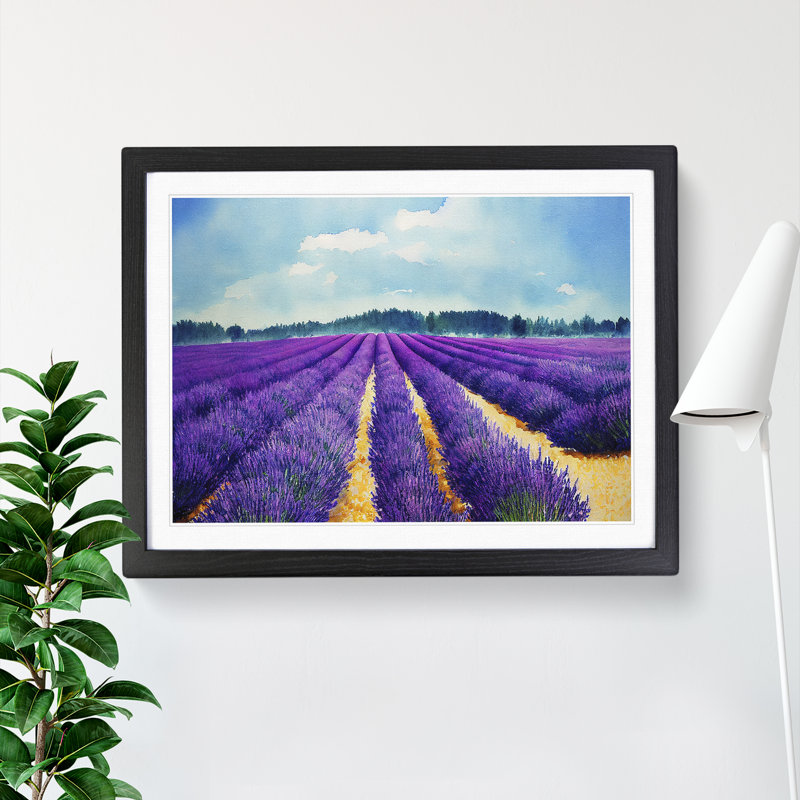 Lavender Field Watercolour - Single Picture Frame Painting, 46cm H x 64cm W x 2cm D, Black