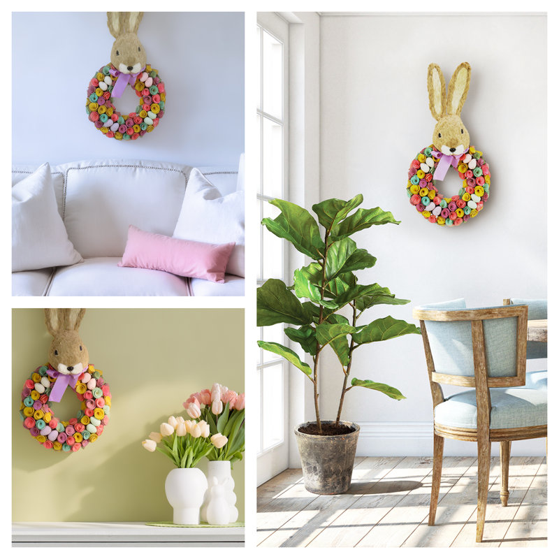 Couronne de Pâques artificielle décorée de fleurs de bois bouclées colorées, œufs pastel, ruban, tête de lapin, décoration de Pâques intérieure ou extérieure couverte
