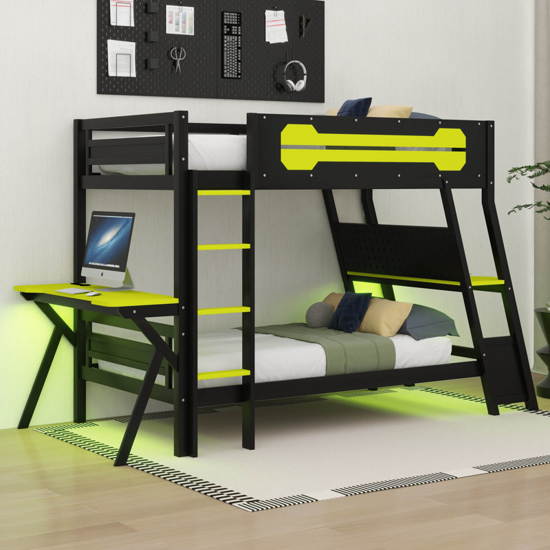 Lit superposé de jeu avec 2 bureaux intégrés, ports de bureau USB et organisateur de panneau perforé, Lit simple, Vert