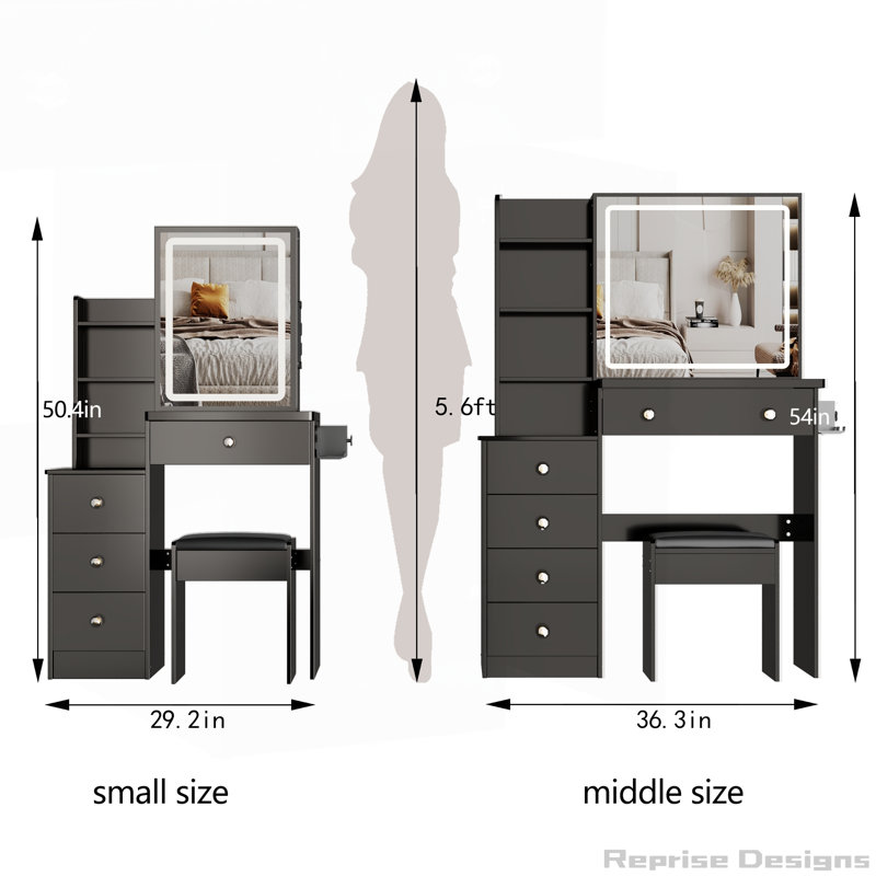 29.2" Small Size Left Bedside Cabinet Vanity Table, Cushioned Stool and Power Station, Black