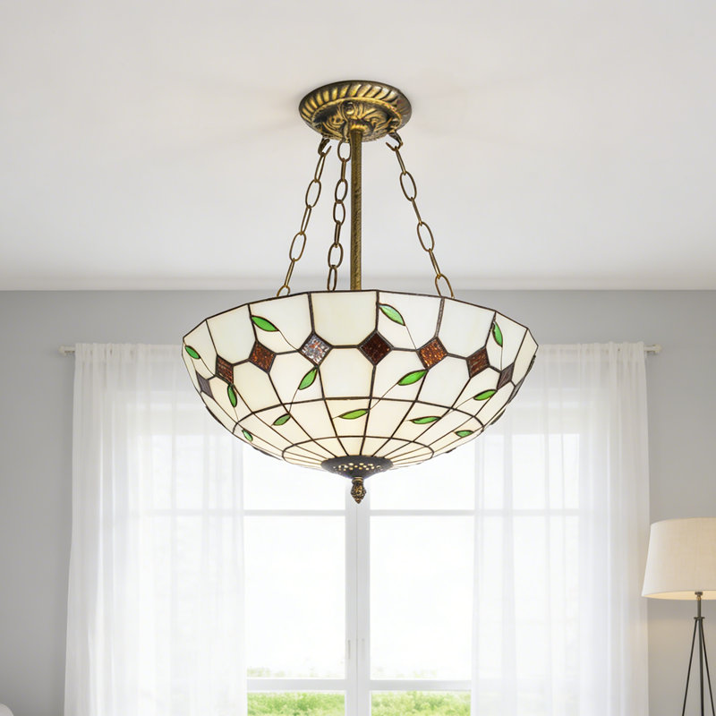 Luminaire suspendu semi-encastré en vitrail 19,7 po h, cadre en fer bronze antique, 3 ampoules E26 chaudes incluses