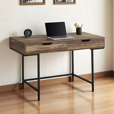 Latina 2-Drawer Brown Finish Computer Desk With Black Metal Leg, 29.77" H X 47.01" W X 23.64" D