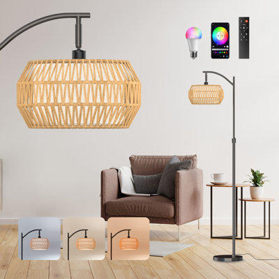 Lampe sur pied à intensité variable avec télécommande, lampe sur pied bohémienne avec 3 CCT et RVB, lampes sur pied de ferme avec abat-jour en rotin, lampe sur pied moderne de style Mid-Century, lampe haute réglable pour chambre à coucher, bureau p