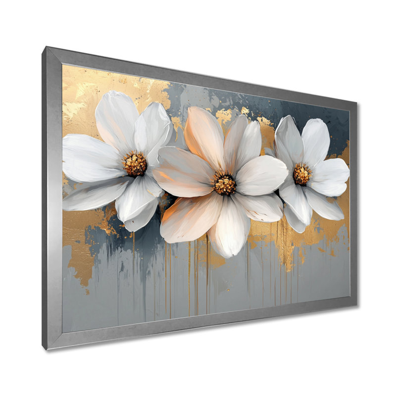 Golden Chrysanthemums Pure Form II - Chrysanthemums, art mural, Argent argent, Cadre simple, H 12 po x l 20 po