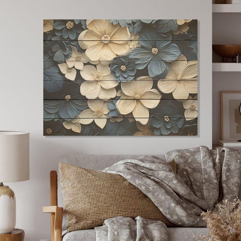 Blue And White Adorned Violets - Violets Wood Panel Wall Art On Natural Pine Wood, 24" H x 32" W