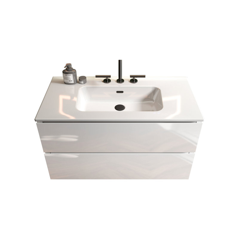 Meuble-lavabo mural blanc brillant de 36 po avec lavabo en céramique avec 3 trous de robinet, beaucoup de rangement et tiroirs silencieux