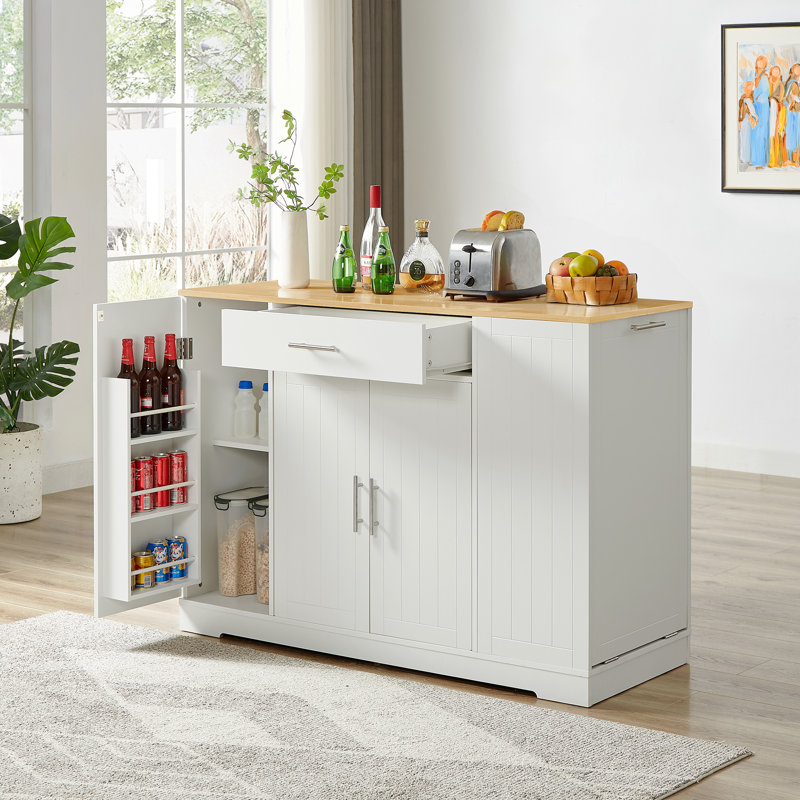 Îlot de cuisine avec tiroir, tablettes réglables et poubelle Prow, Blanc