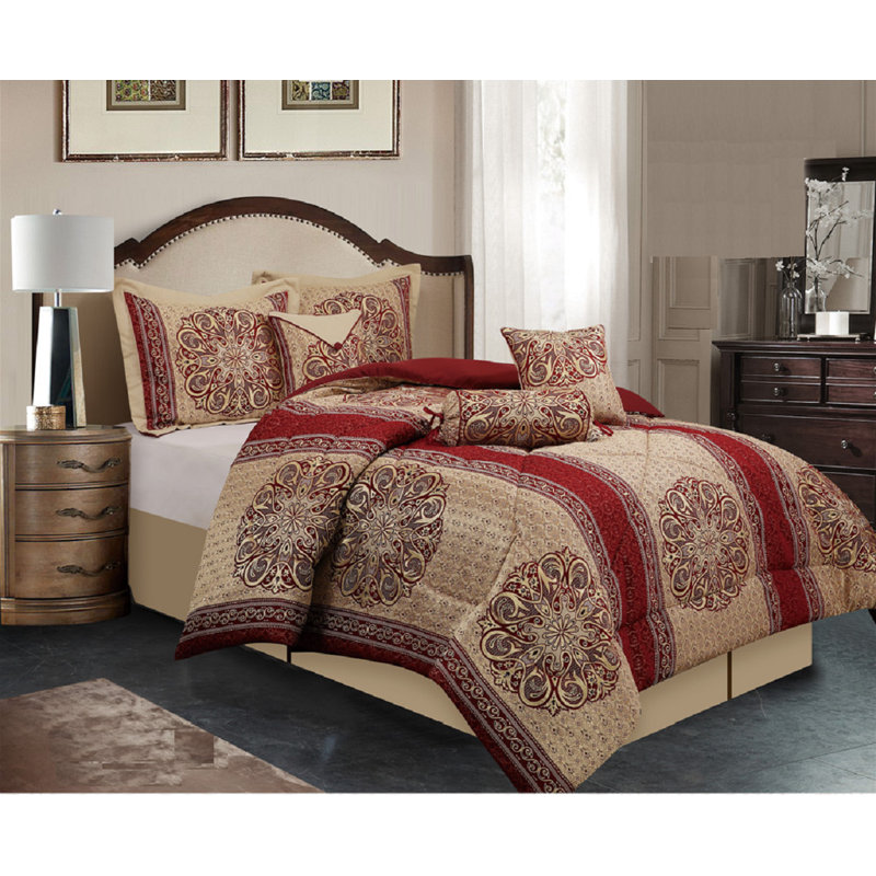 Ensemble d'édredon 7 pièces Jacquard, Édredon pour très grand lit + 2 très grandes ta, Bourgogne / or