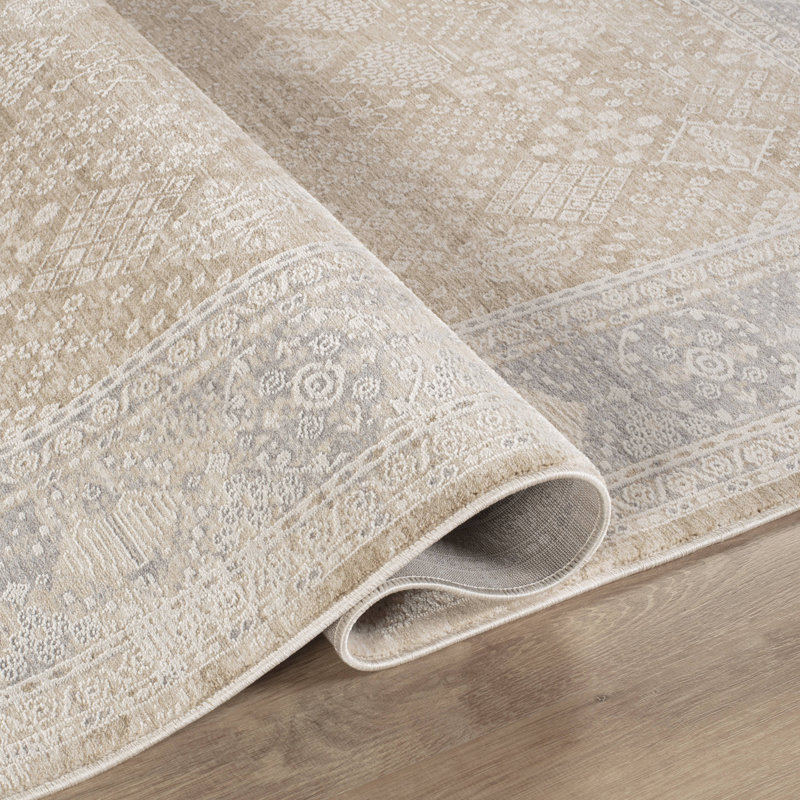 Mona Power Loom Polyester Geometric Area Rug in Beige/Light Blue, Rectangle 9' x 12'