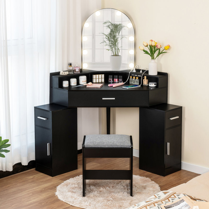 Ensemble coiffeuse avec tabouret et miroir Evangelos, Noir