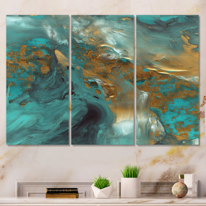 Golden Sunshine Wild Turquoise River Abstract IV 3 pièces, H 28 po x l 36 po x P 1 po