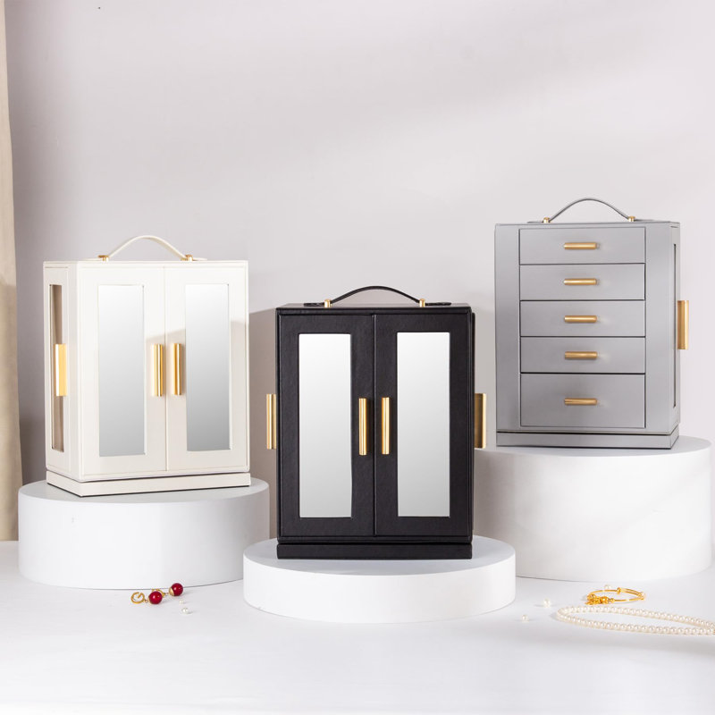 White MDF 360° Rotating Jewelry Storage Box with Glass Windows