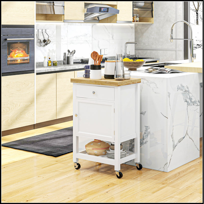 Utility Kitchen Cart, Rolling Island with Rubberwood Top, Narrow Design, Storage Drawer & Cabinet for Modern Kitchens, White