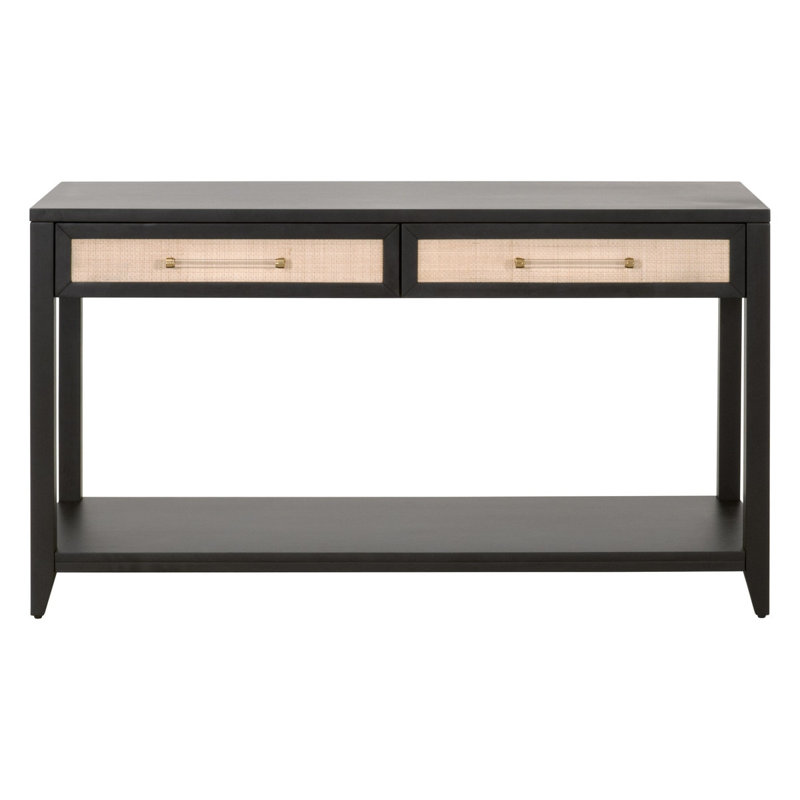 Brushed Black Acacia and Rattan Console Table with Storage