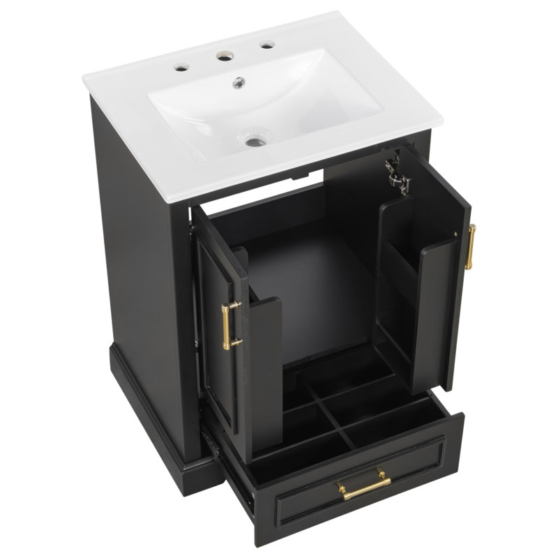 Meuble-lavabo de 24 po avec lavabo, armoire en panneau de fibres à densité moyenne avec cadre en bois massif, 1 tiroir divisé et 2 portes à fermeture douce avec supports de rangement à deux portes, meuble-lavabo autoportant