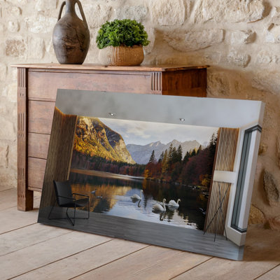 Toile, une scène intérieure sereine avec une grande murale représentant un art mural, un lac tranquille entouré d'arbres colorés d'automne luxueux et une toile