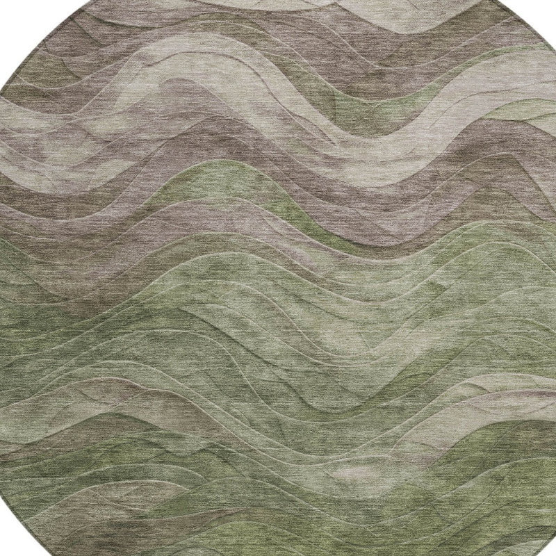Tapis extérieur rond lavable abstrait vert et taupe 8 pi Fagundes