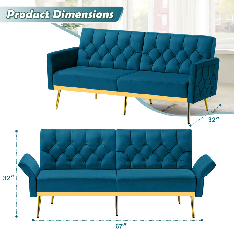 Zineta 67'' Velvet Sleeper Sofa, Teal