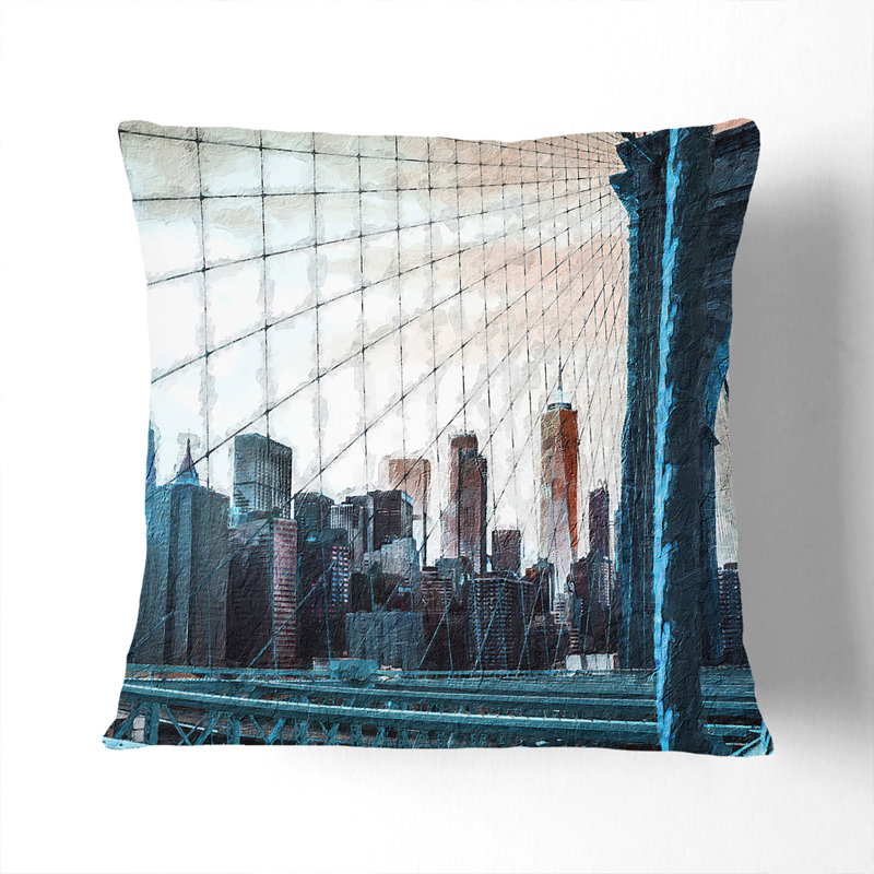 Brooklyn Bridge And New York Skyline Square Throw Cushion, Stone, 40cm H x 40cm W x 15cm D