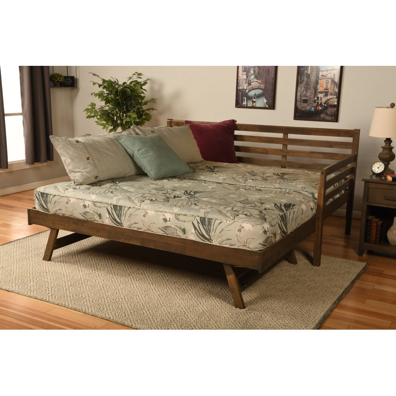 Alhamdi Boho Daybed and Pop-Up Bed with Mattresses, Rustic Walnut, Takara Rain