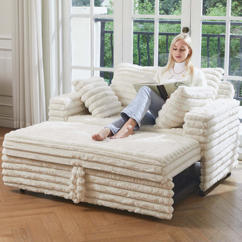 Naykin 2-Person Faux Fur Sofa Bed with Removable Cushion Cover, White, Straight Stripe Shape Plush