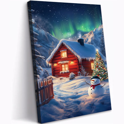 Abiella Picture Prints, Cozy Cabin Winter Scene, Snowman & Christmas Tree Painting, Wrapped Canvas Artwork for Holiday Home Decor, Farmhouse Wall Art, Ready To Hang, 12×16 Inches