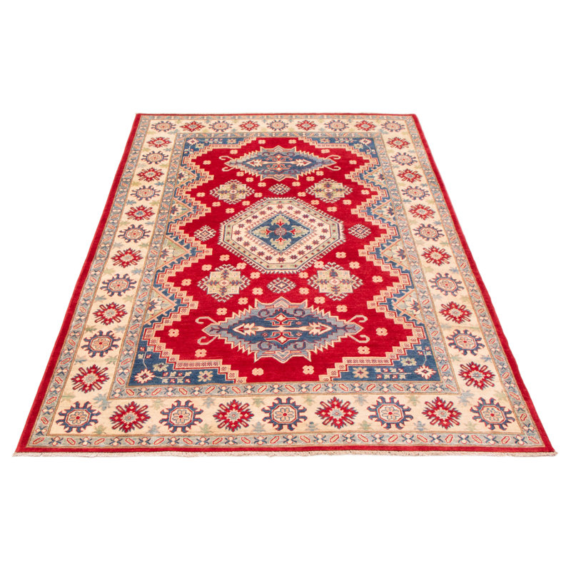 Tapis rouge en laine noué à la main de conception unique 6 pi 9 po x 9 pi 8 po New Age