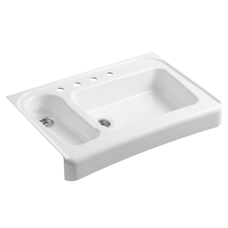 évier de cuisine double à carreaux sans barrière l 36 po x l 25-1/2 po x p 6-7/8 po Assure, Blanc, 4 trous