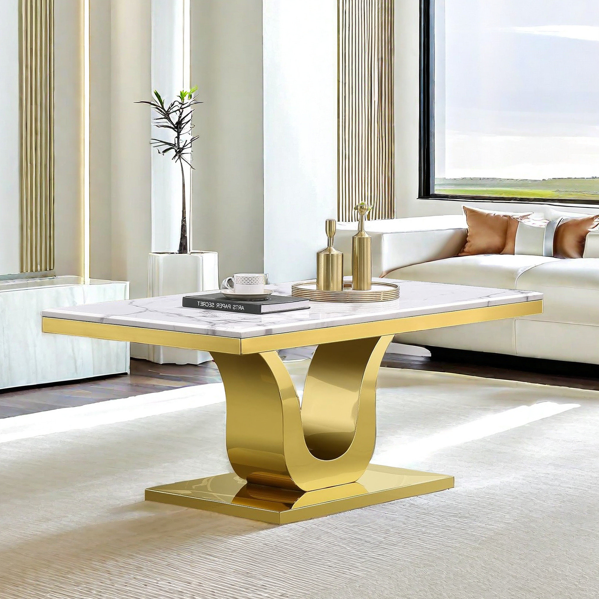 Mercer41 White Coffee Table With Gold Mirrored Metal U-Base For Living ...