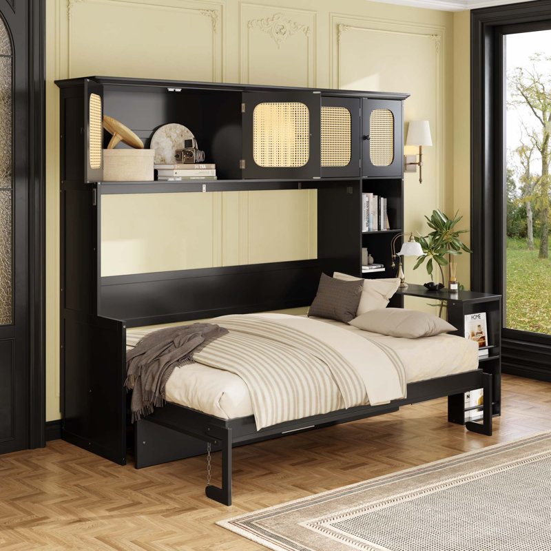 Full Murphy Bed with Desk and Rattan Cabinets, Space-Saving Wall Bed, Black