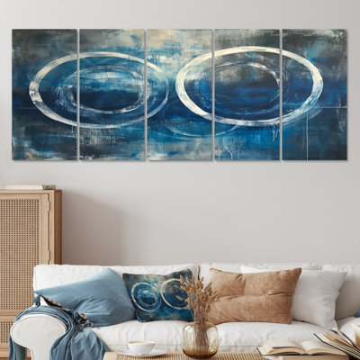 Cercle blanc blanc grunge bleu - art mural géométrique sur toile 5 pièces