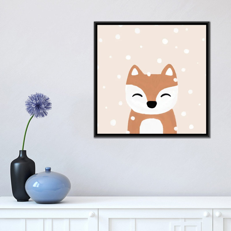 « Snow & Fox » par Orara studio, reproduction d’art, H 18 po x l 18 po x 1,5 po, Toile avec cadre noir, Pas de tapis