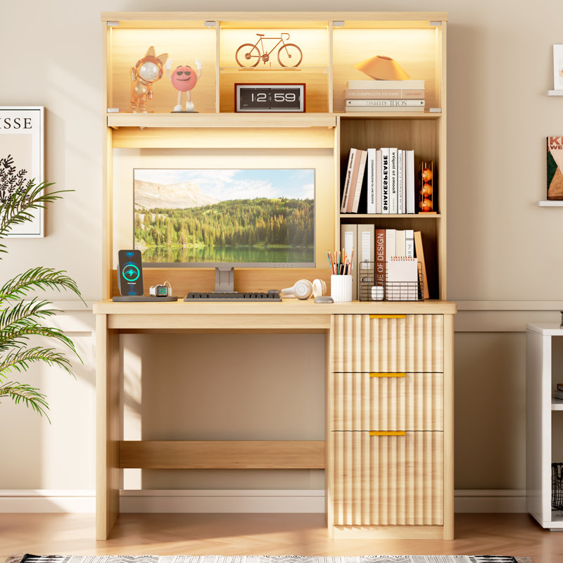 MDF Computer Desk with Built-In Electrical Outlet, Natural