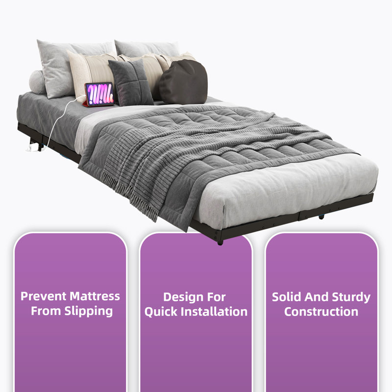 Floating Metal Bed Frame with LED Lights and Charging Station, Full
