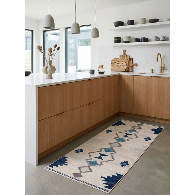 Tapis de couloir bleu et ivoire Strathearn Southwestern, Tapis de couloir 2 pi 3 po x 13 pi