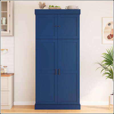 Grand garde-manger de style shaker moderne de 77 po (l 35 po x P 17,7 po) [Vidéo d'assemblage], armoire autoportante bleue avec porte-bouteilles, tiroirs, tablettes réglables et portes