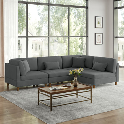 Seemab 4 - Piece Upholstered Gray Corduroy Modular Sectional with Pillow Back and Solid Wood Legs