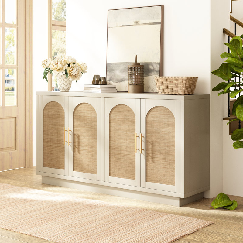 Terneuzen 59" Sideboard with Arch Design and Authenic Rattan, Blanc