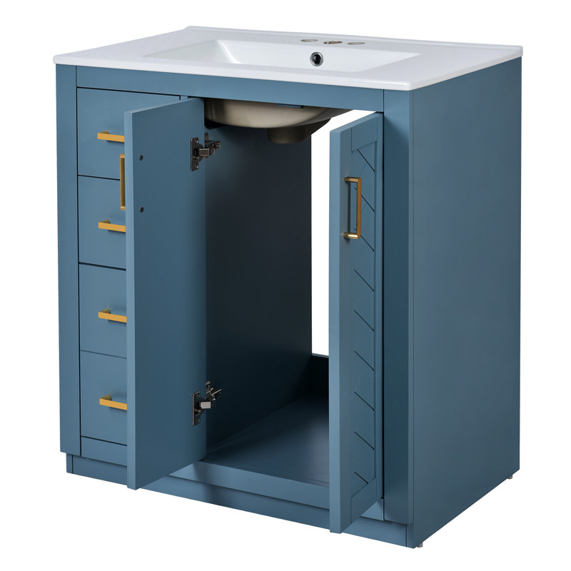 Meuble-lavabo en céramique de 76 cm (30 po). Structure en bois massif. Armoire. Meuble de rangement indigo avec vasque. Rangement pratique.