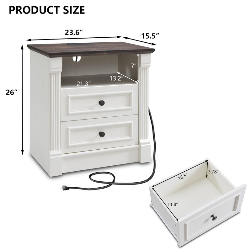26" Tall Wood Farmhouse-Style End Table Set of Two, Sideboard with 2 Drawers and Charging Station, Open Shelving, Set of 2