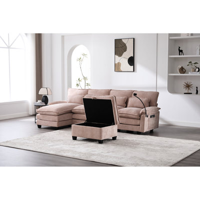 Modulaire en forme de U de 106 po pour le salon, 4 places, tissu chenille doux, structure en bois massif, + ports de type C, support pour téléphone, mobile avec siège de rangement, zone principale en forme de U, revêtement, double couche