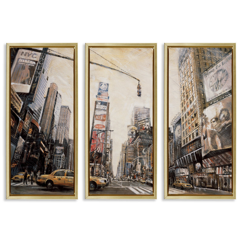 Ensemble de 3 toiles flottantes encadrées New York City Streets Buildings par Matthew Daniels, Cadre flottant métallique doré