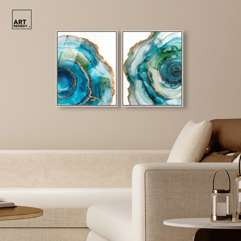 Great Blue Green Abstract , H 21 po x l 17 po, Cadre en toile dorée