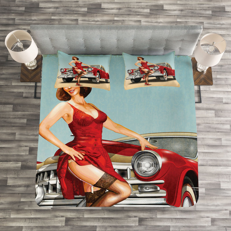 Red Blue Microfiber Modern & Contemporary Bedspread Set, 220 x 220 cm Bedspread - 2 Shams